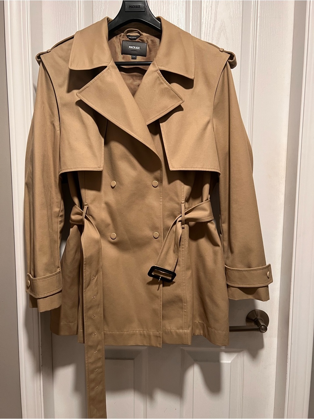 Mackage Adva Tan Double-Breasted Trench Coat with Belt